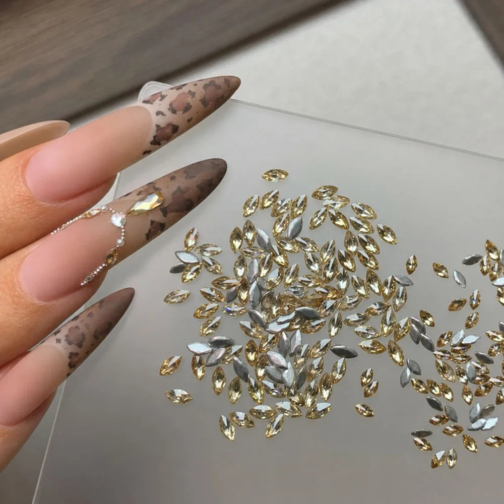 100Pcs Champagne Gold Snowflake Nail Rhinestones | 3D Crystals
