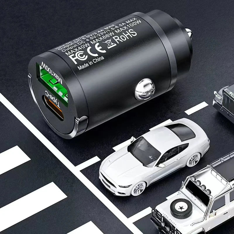 Mini 100W PD QC3.0 Fast Car Charger USB-C + USB-A Adapter Car Charger Adapter PRIMED
