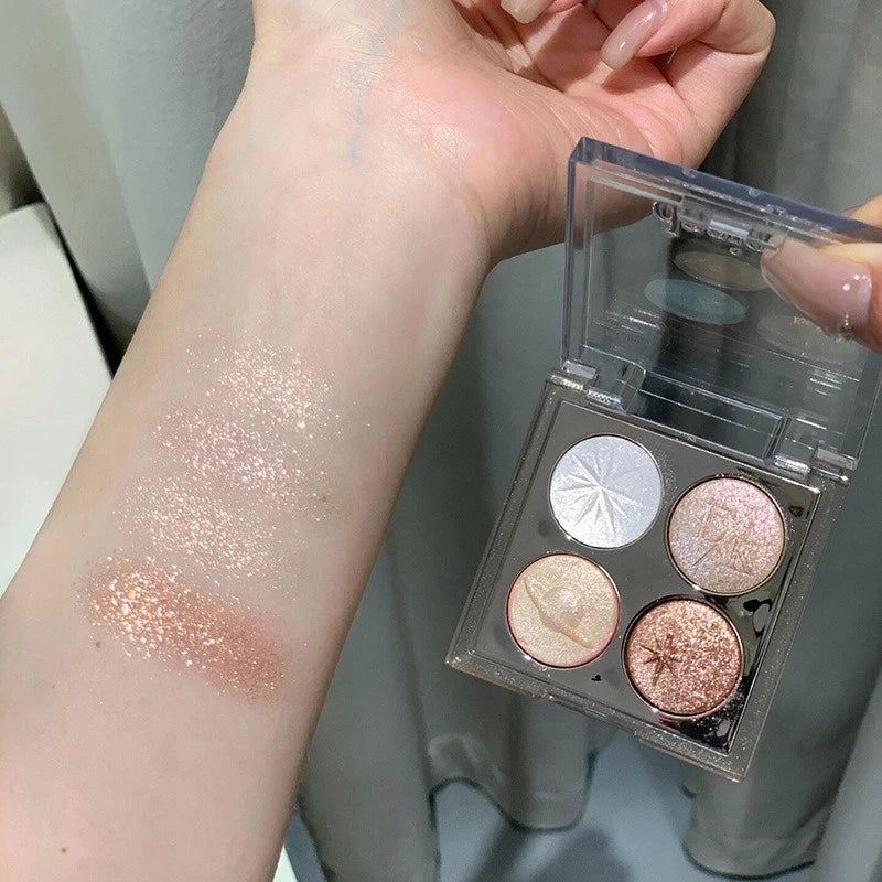 Glitter Shimmer Eyeshadow Palette – 4 Colors Pink Brown Highlighter Eyeshadow Palette PRIMED
