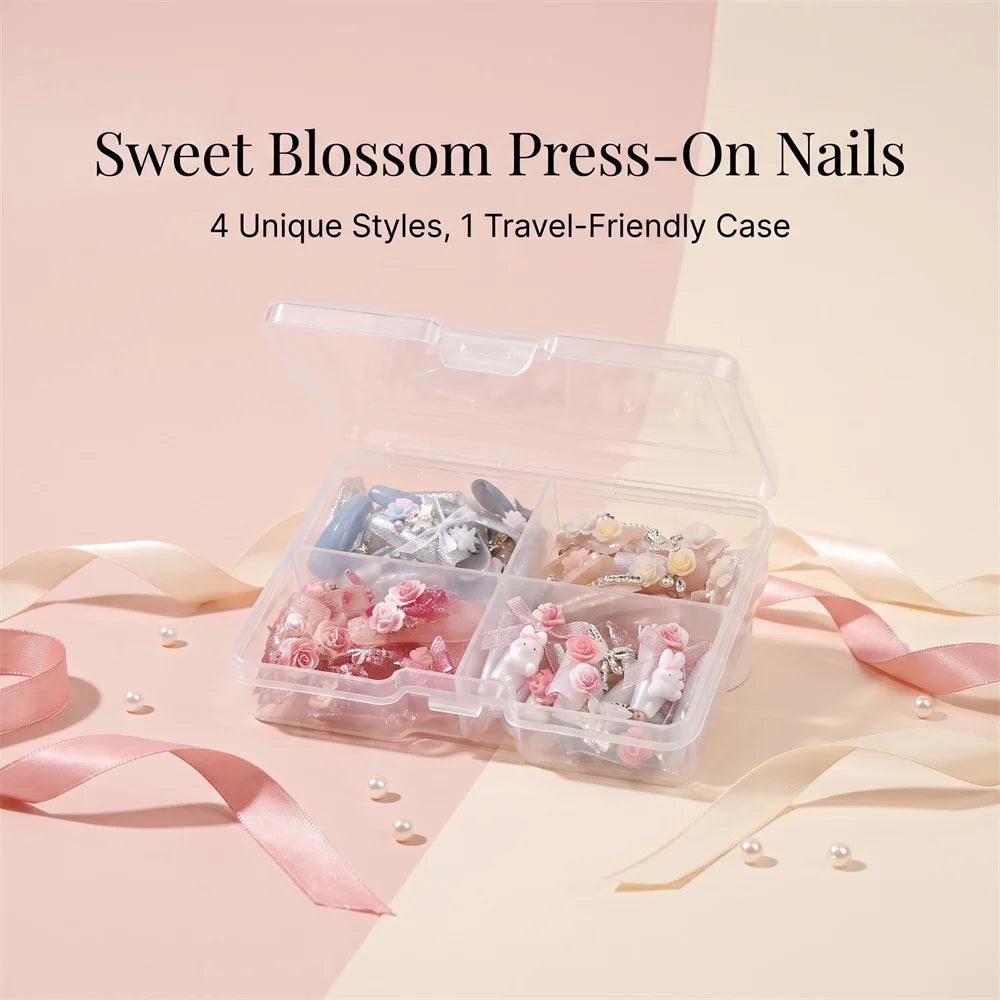 96Pcs Press-On Nails | Coffin 3D Floral Bunny Bow Crystal Decor
