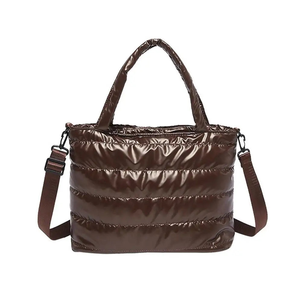 Women's Quilted Puffer Tote Bag – Shiny PU Crossbody Handbag Puffer Tote Bag PRIMED Brown