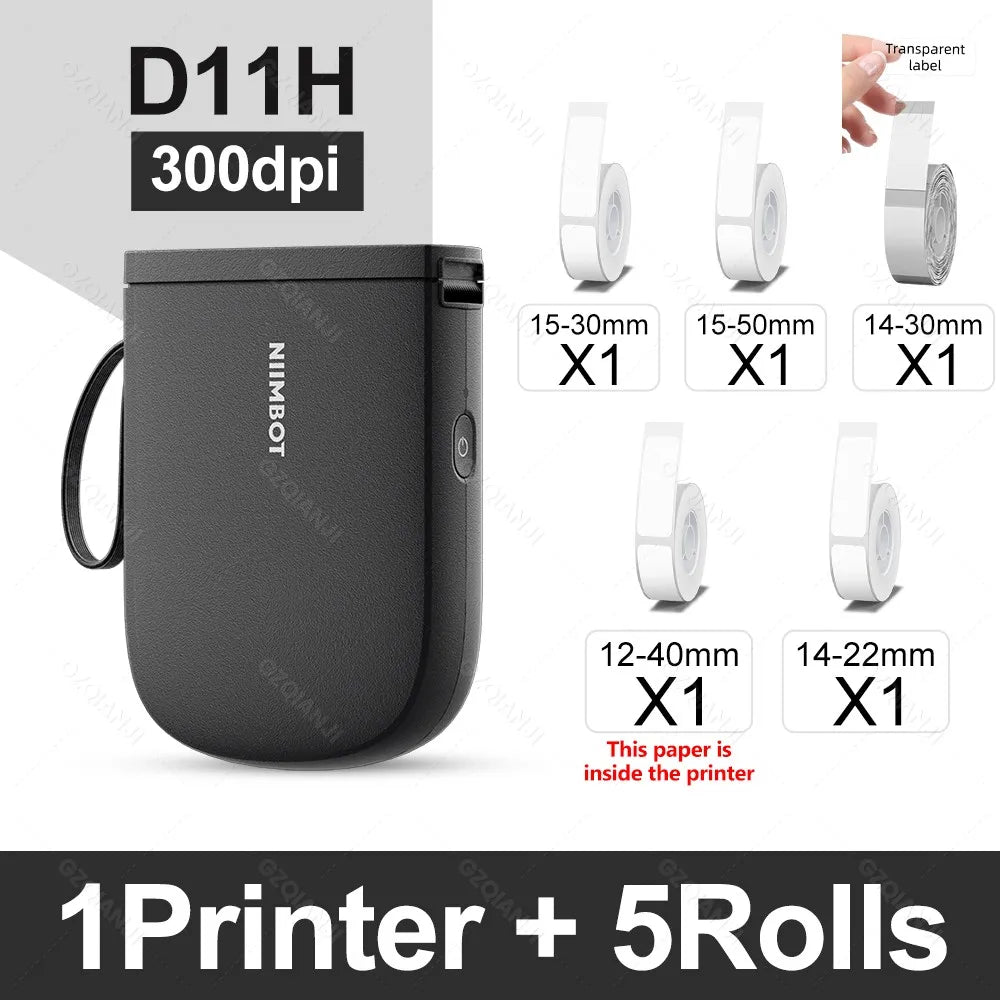 Niimbot D11H 300DPI Bluetooth Portable Thermal Label Printer Thermal Label Printer PRIMED BK Add 5Rolls