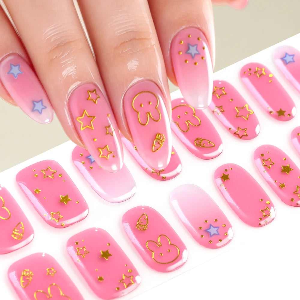 5D Semi-Cured Gel Nail Stickers – Golden Embossed Rabbit Pink Purple Gel Nail Stickers PRIMED 02
