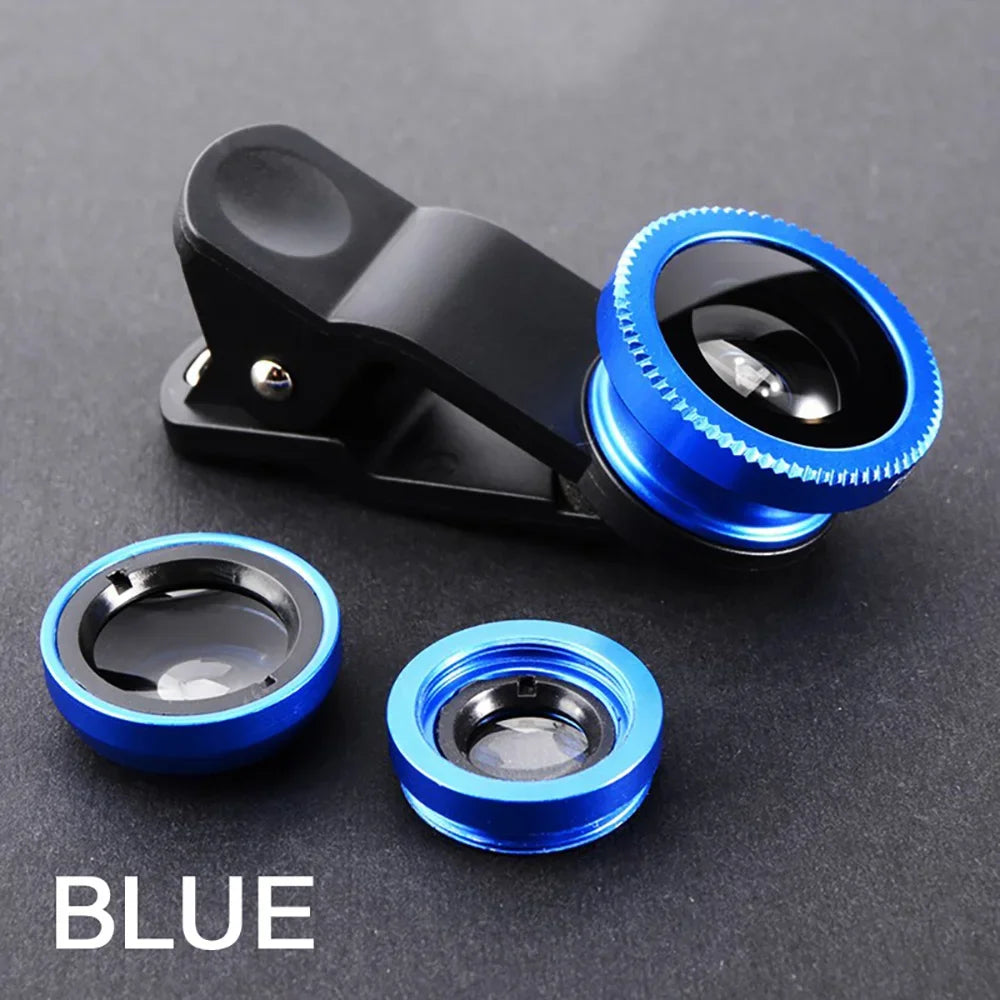3-in-1 Fisheye Wide Angle & Macro Clip Lens for Smartphones Clip-On Phone Lens PRIMED Blue
