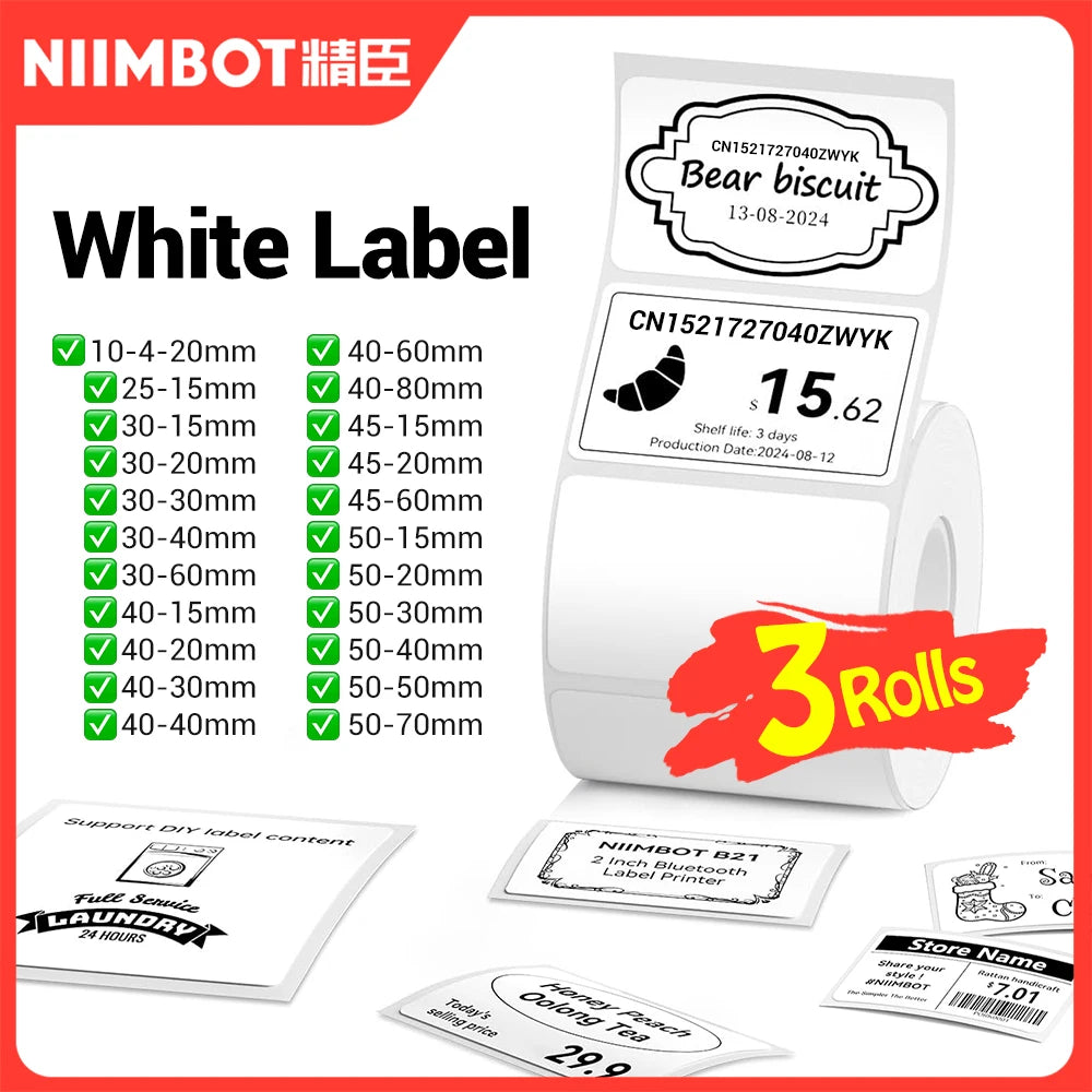 NIIMBOT Thermal White Label Rolls 3-Pack | B1 B21 B3S B31 Thermal Label Rolls PRIMED