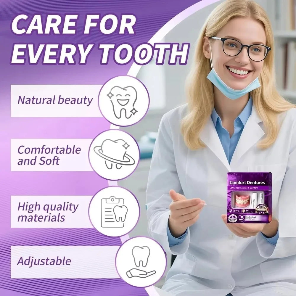 Snap-On Silicone False Teeth | Full Denture Set for Men & Women