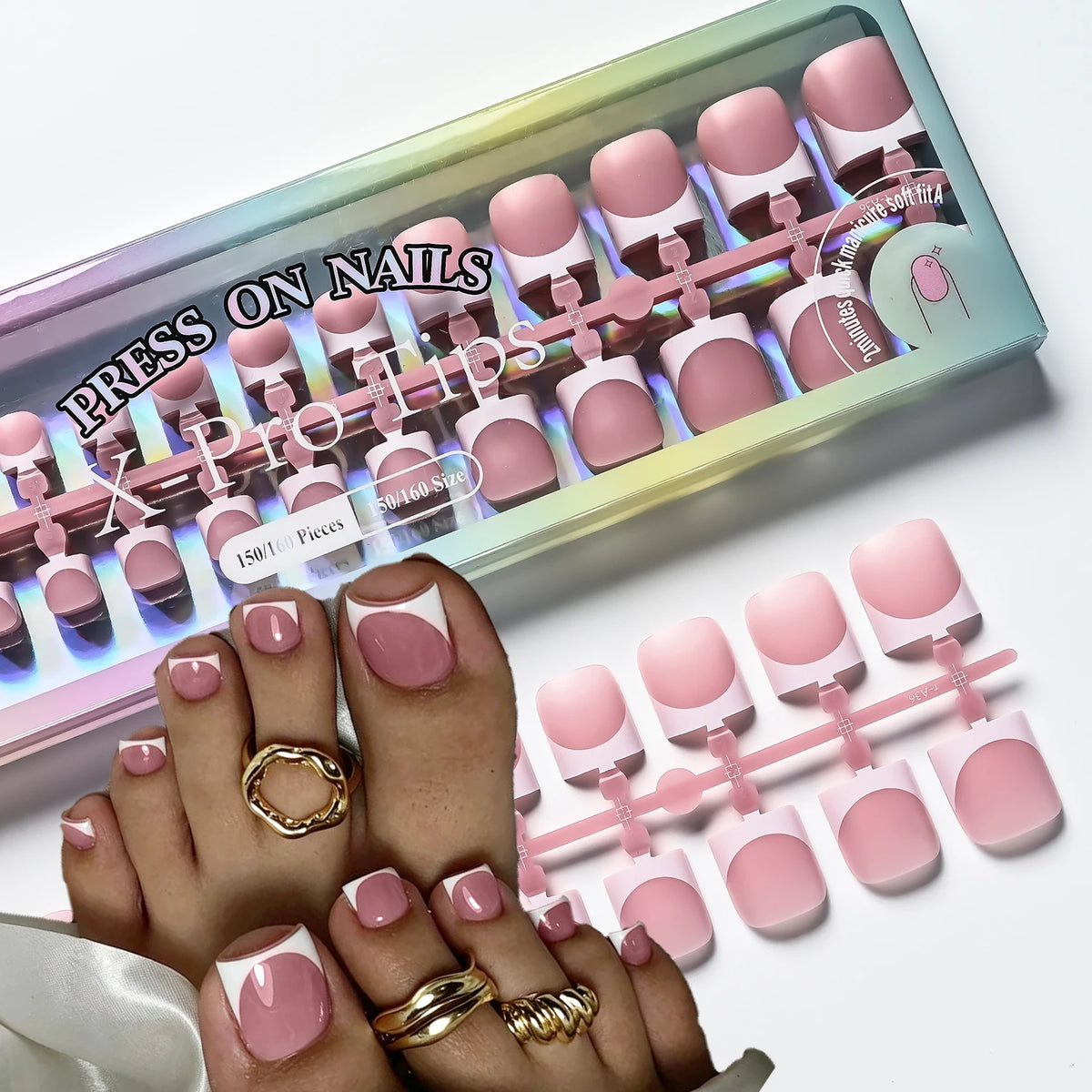 150Pcs Pink French Press-On Toenails – Glossy Nude Full Cover