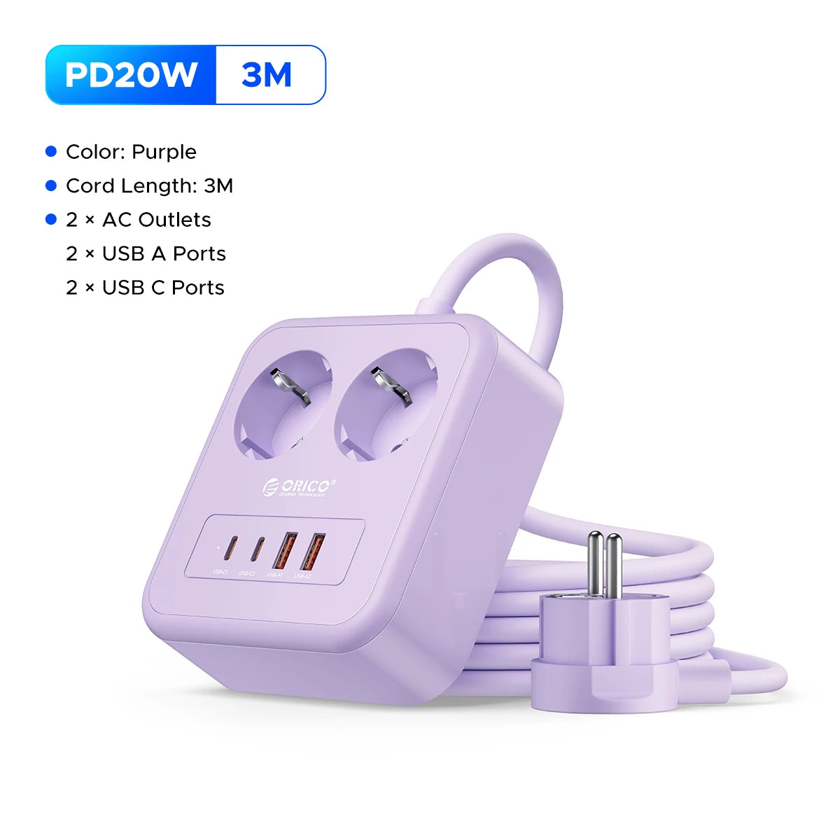 ORICO Desktop Power Strip PD20W USB-C USB-A EU Plug Charging Station Desktop Power Strip PRIMED 3M 2A2U2C Purple China Mainland EU Plug