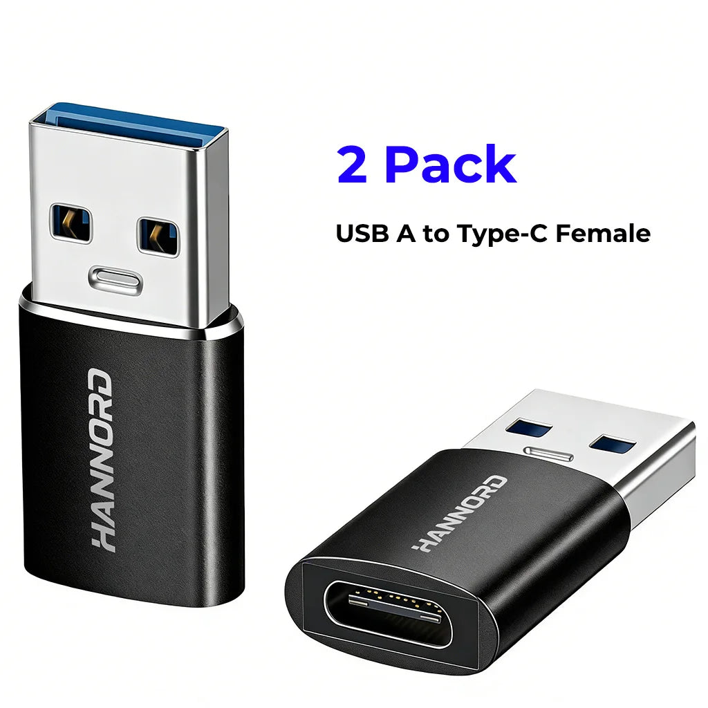 Hannord USB-A to USB-C Adapter 10Gbps 3A Fast Charge OTG USB-C Adapter PRIMED Black 2 Pcs