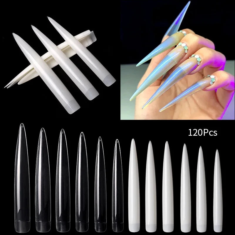 12Pc XXL Stiletto False Nail Tips Clear 9.3cm Half Cover False Nail Tips PRIMED