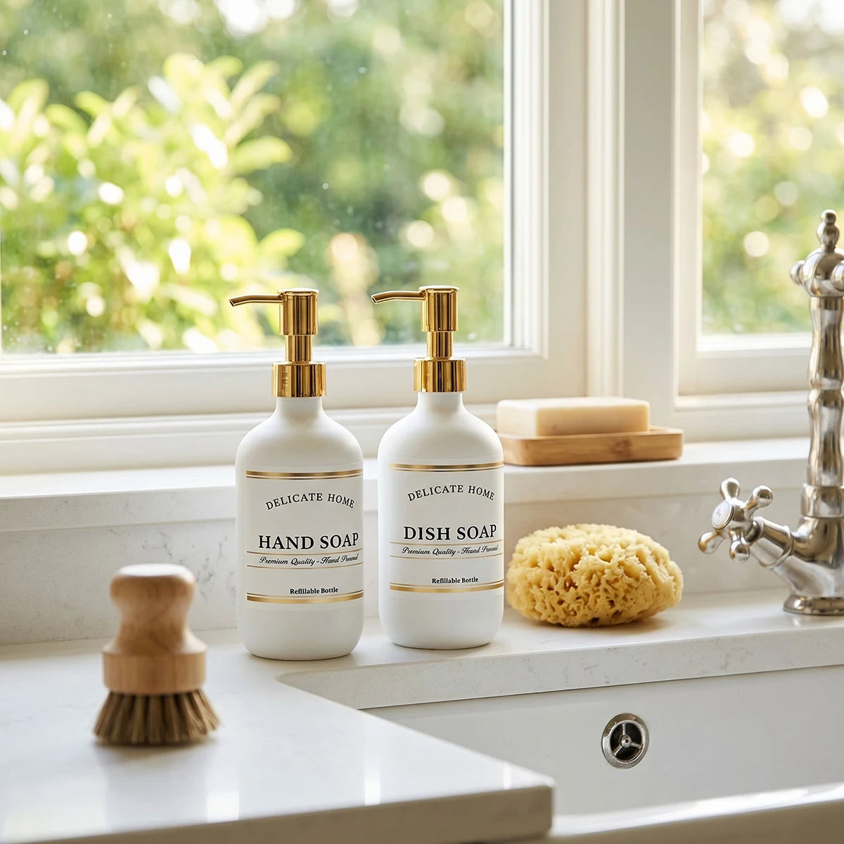 Matte White Soap Dispensers 2-Pack 500ml | Gold Pump Bottles Soap Dispenser Set PRIMED