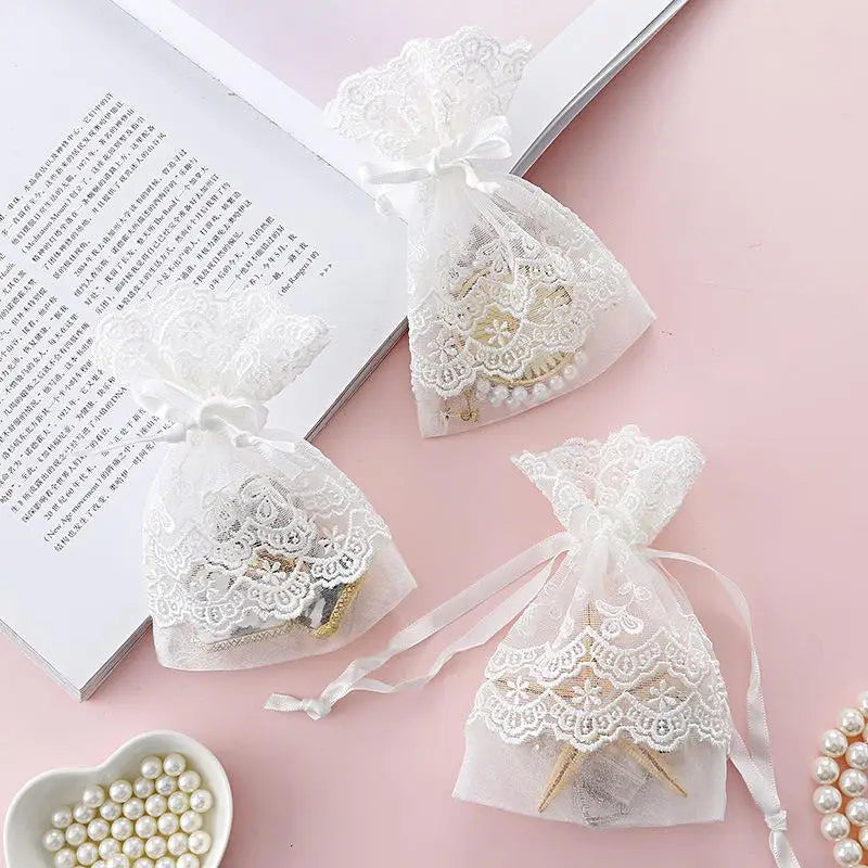 White Gauze Drawstring Gift Bag – Lace Sachet & Jewelry Pouch