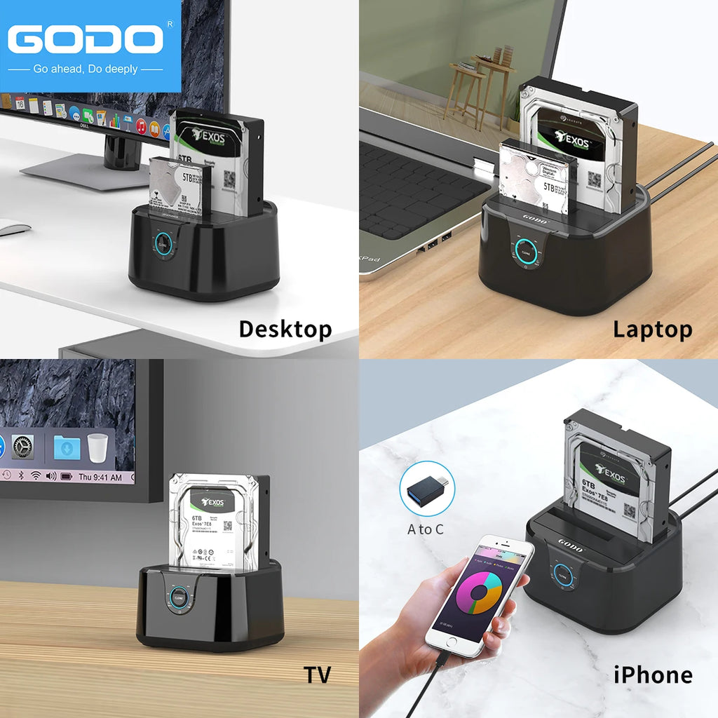GODO Dual Bay USB 3.0 Type-C HDD Dock | Offline Clone 40TB HDD Docking Station PRIMED