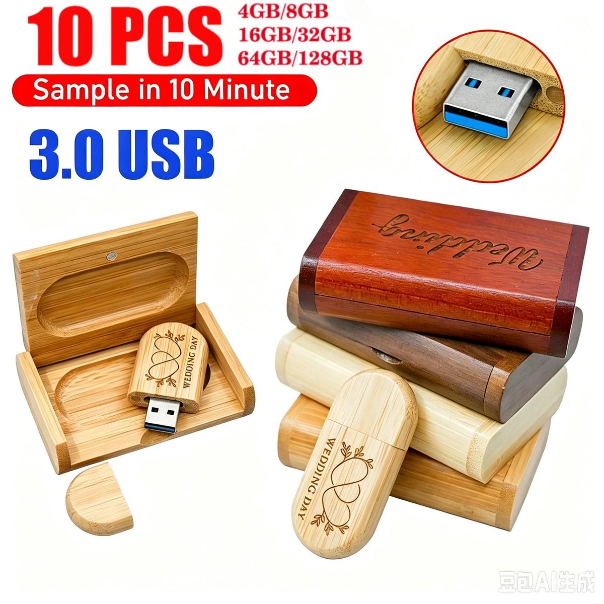 10-Pack Bamboo USB 3.0 Flash Drives | Custom Logo 4–128GB USB Flash Drive PRIMED