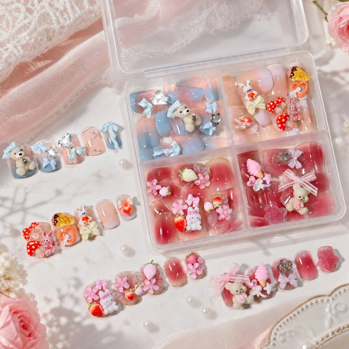 96Pcs Handmade Press On Nails – Pink Bears, Bows & Flowers