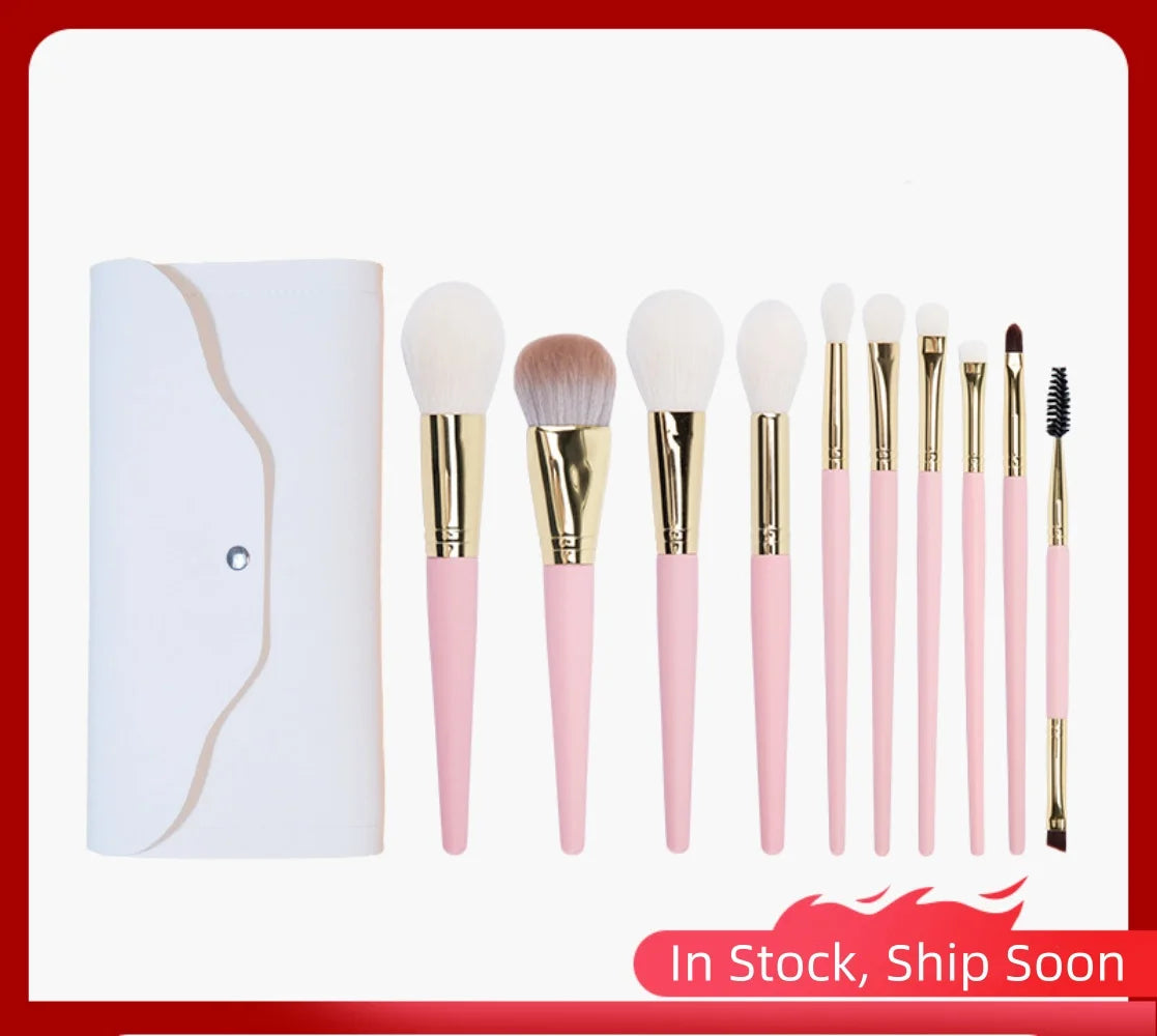10-Piece Pink Goat Hair Makeup Brush Set with Cosmetic Bag