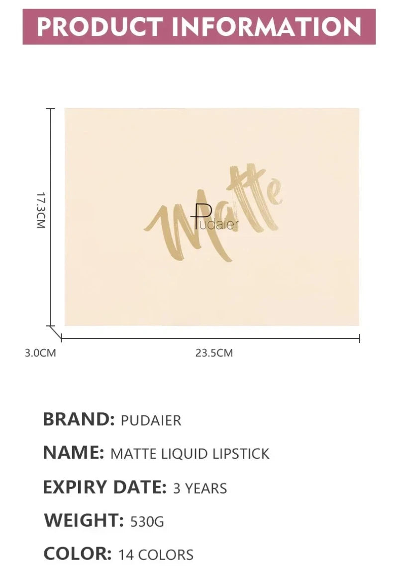 Pudaier 14-Color Velvet Matte Liquid Lipstick Set – Waterproof