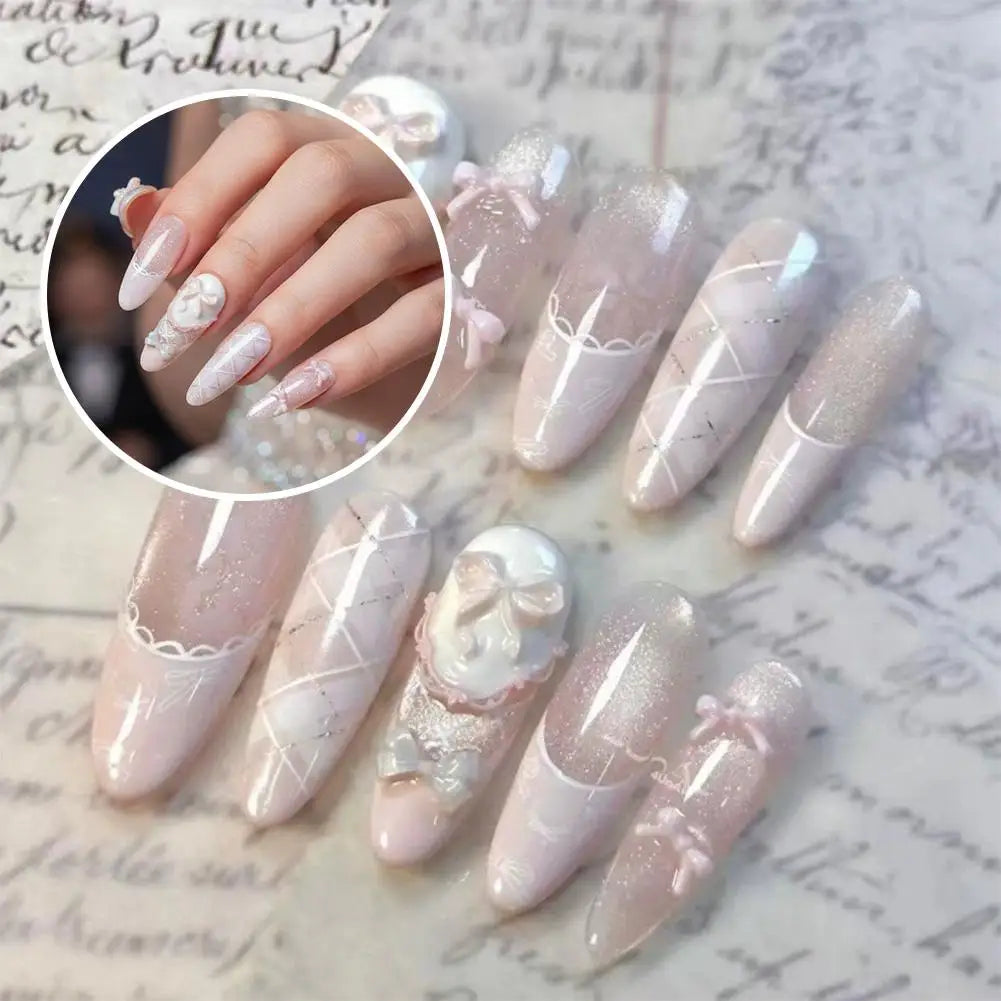 Ballet Pink Press-On Nails – Bow, Lace & Glitter Coffin Set