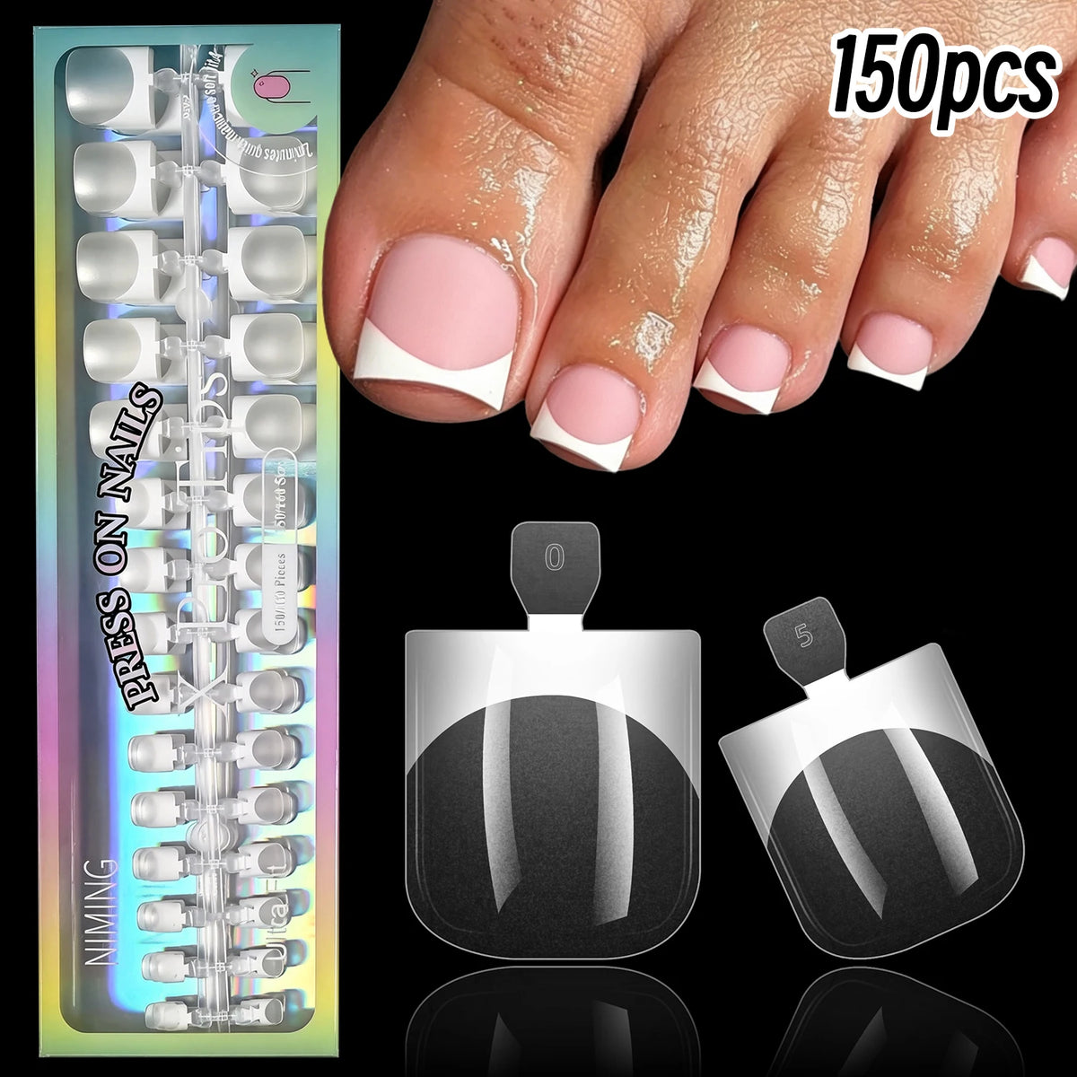 150Pcs French Press-On Toenails – Short Square Full Cover Tips
