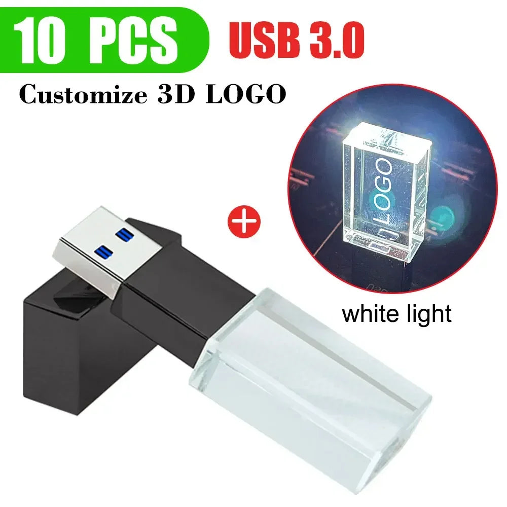 10-Pack Crystal 3D USB 3.0 Flash Drives | Free Engraved Logo USB Flash Drive PRIMED 8GBx10pcs black - white led