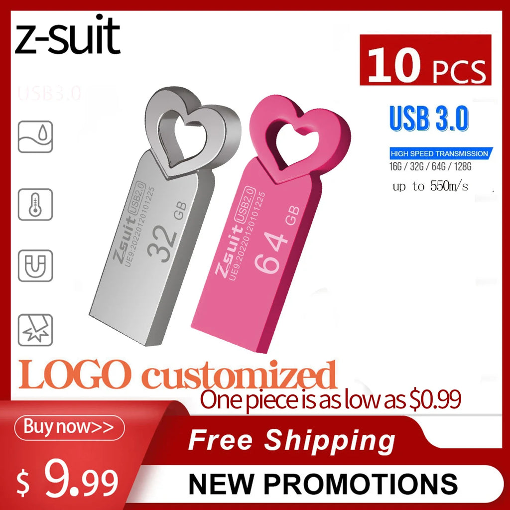 10-Pack Heart-Shaped Metal USB Flash Drives 4GB–32GB Waterproof USB Flash Drive PRIMED
