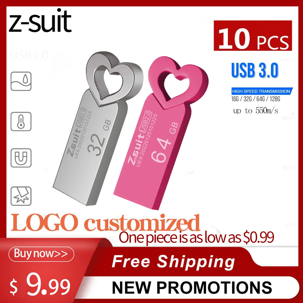 10-Pack Heart-Shaped Metal USB Flash Drives 4GB–32GB Waterproof USB Flash Drive PRIMED