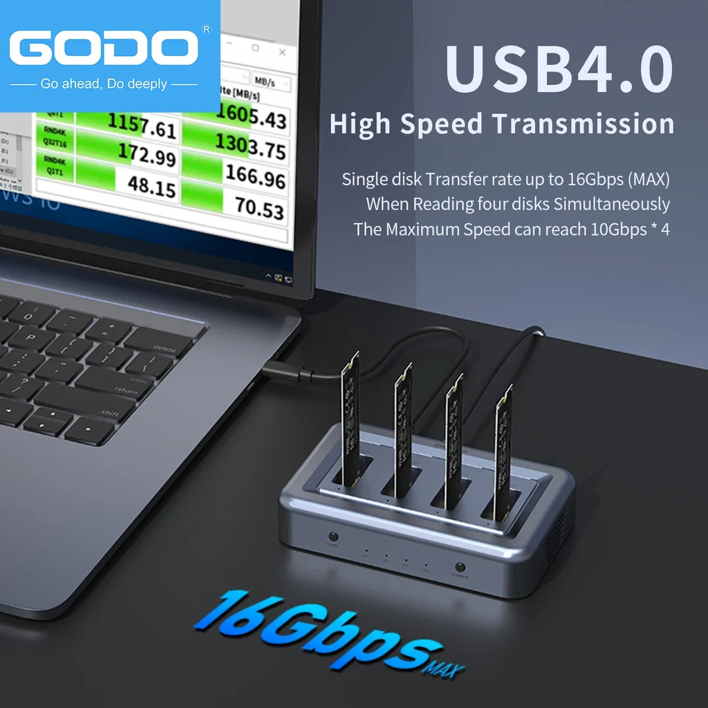 GODO 4-Bay M.2 NVMe SSD Enclosure with Offline Clone Type-C NVMe SSD Docking Station PRIMED
