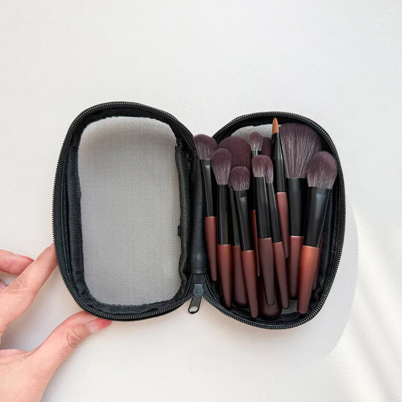 12-Piece Travel Makeup Brush Set with Bag – Wood Handle