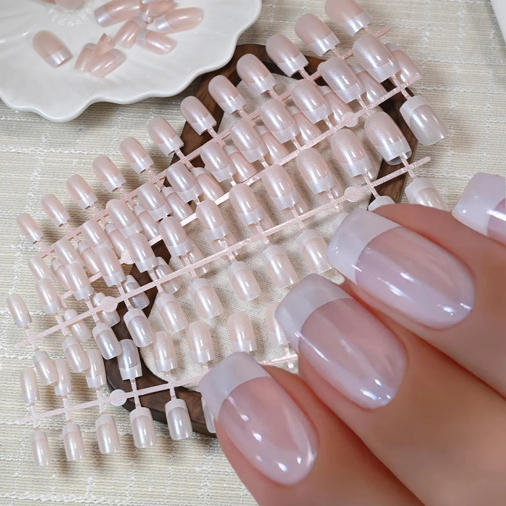 120Pcs Pearlescent Square Press-On Nails | French White Tips