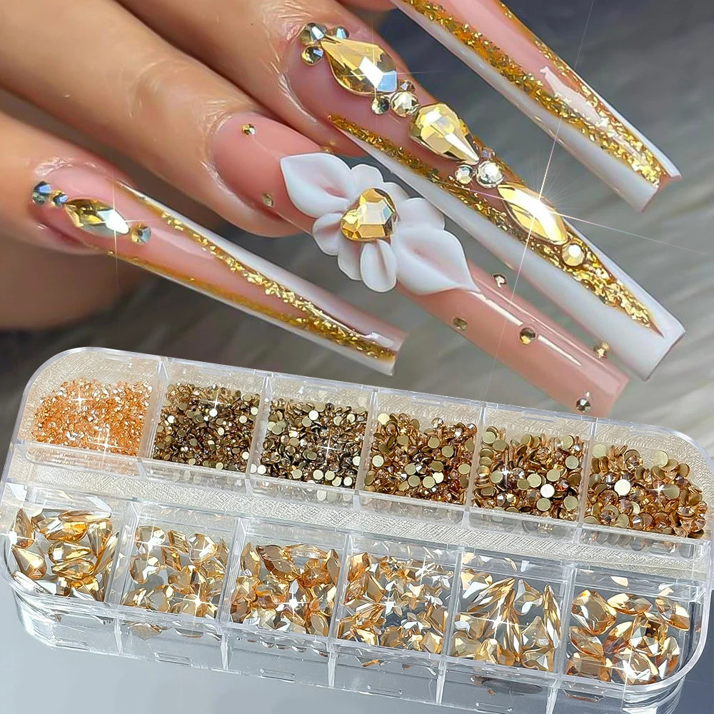 12-Grid Green Nail Rhinestones | Mixed 3D Glass Crystal Gems Nail Art Rhinestones PRIMED A2