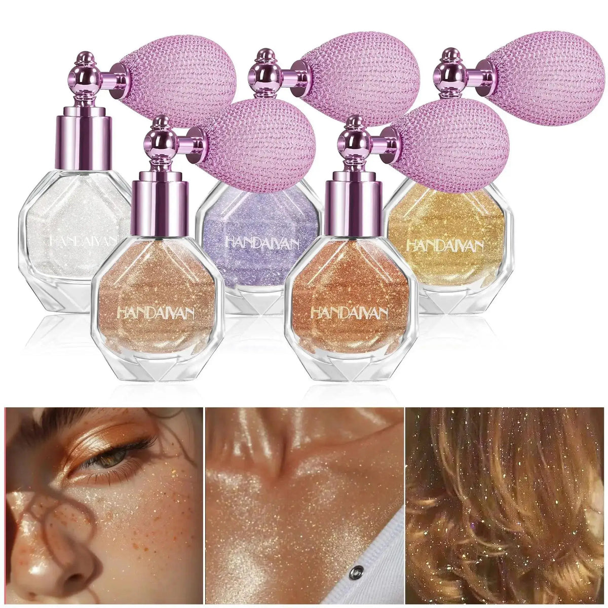 Handaiyan 5-Color Shimmer Spray – Body, Face & Hair Glitter Shimmer Highlighter Spray PRIMED