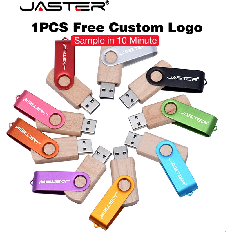 JASTER Wooden Rotating USB Flash Drive 4–64GB Custom Logo USB Flash Drive PRIMED
