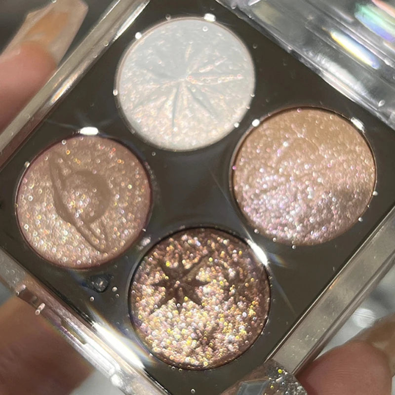 Glitter Shimmer Eyeshadow Palette – 4 Colors Pink Brown Highlighter Eyeshadow Palette PRIMED