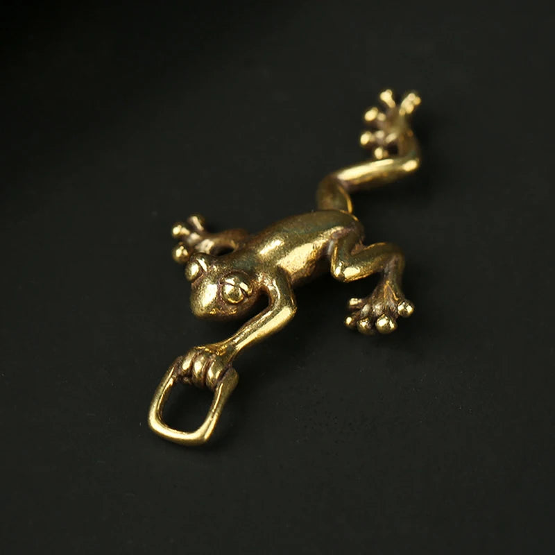 Solid Brass Leaping Frog Statue Keychain & Mini Figurine