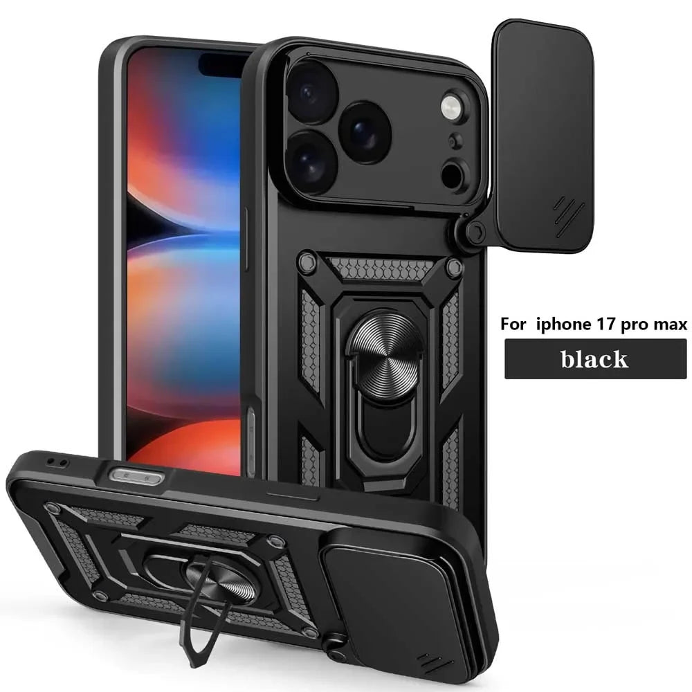 Armor iPhone Case Ring Stand Sliding Camera Cover Military Grade Phone Armor Case PRIMED black iPhone17 Pro