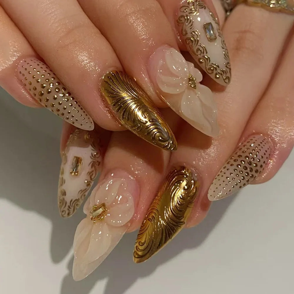 Almond Press-On Nails – French Floral & Fruit Designs 24pc