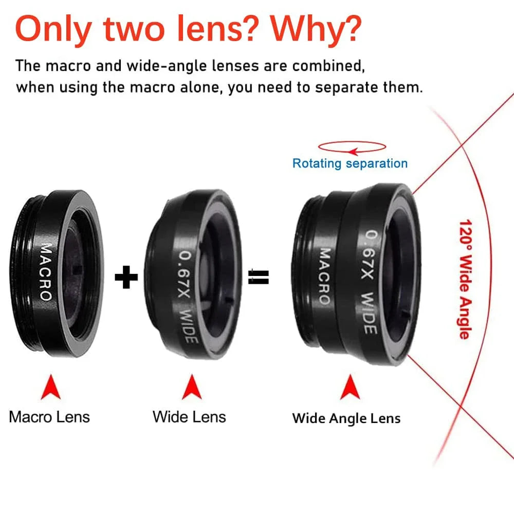 3-in-1 Clip-On Phone Lens Kit – Fisheye, Wide Angle & Macro Phone Camera Lens Kit PRIMED