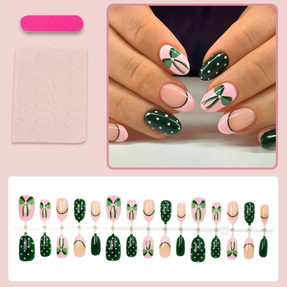 Green Almond Press On Nails French Polka Dot Style 30 Pcs