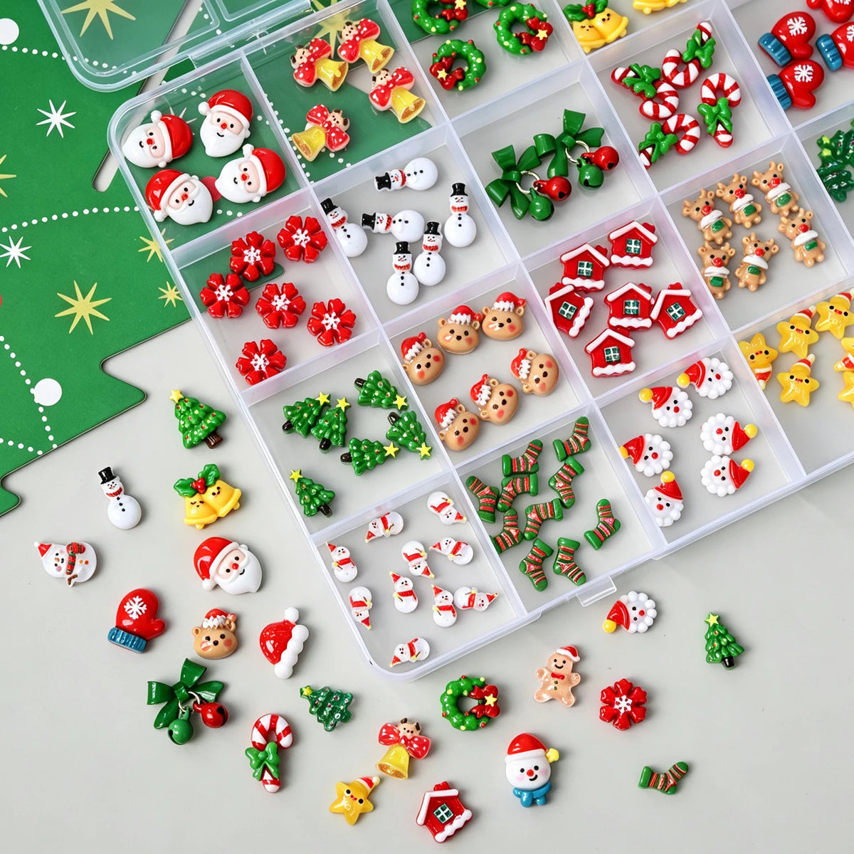 Holiday 3D Flatback Nail Charms 24 Grids – Gingerbread & Elk 3D Nail Charms PRIMED
