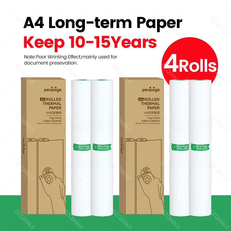 PeriPage A4 Thermal Paper for A40 Printer | 10-Year Storage Thermal Printer Paper PRIMED 10-15Y Paper 4Rolls