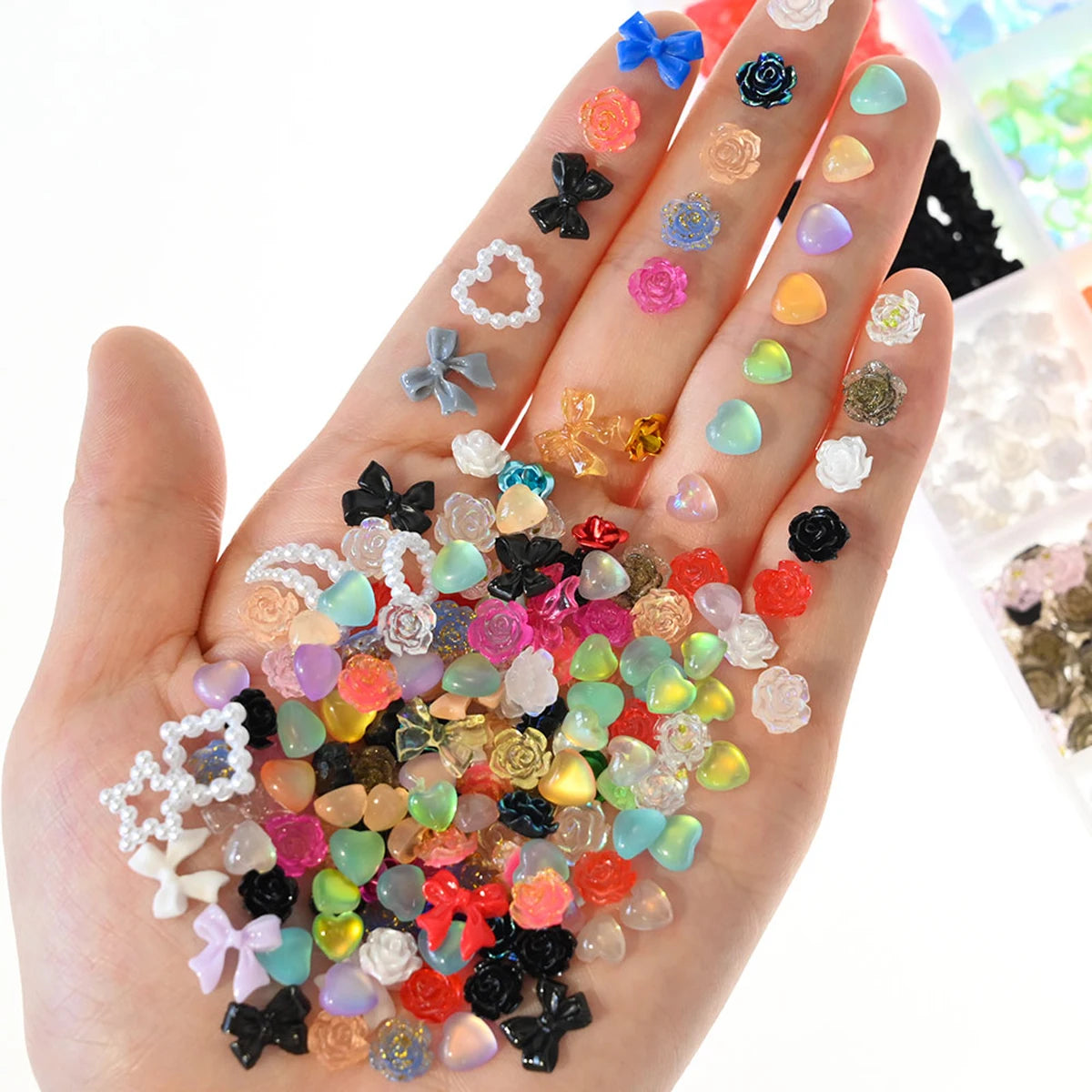 600Pcs Kawaii 3D Resin Nail Charms – Bows, Hearts & Flowers Nail Art Charms PRIMED