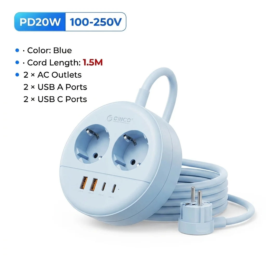 ORICO Desktop Round Power Strip PD20W USB-C USB-A EU Plug Desktop Power Strip PRIMED 1.5M 2A2U2C Blue China Mainland EU Plug