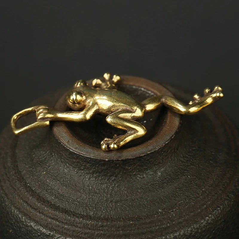Solid Brass Leaping Frog Statue Keychain & Mini Figurine