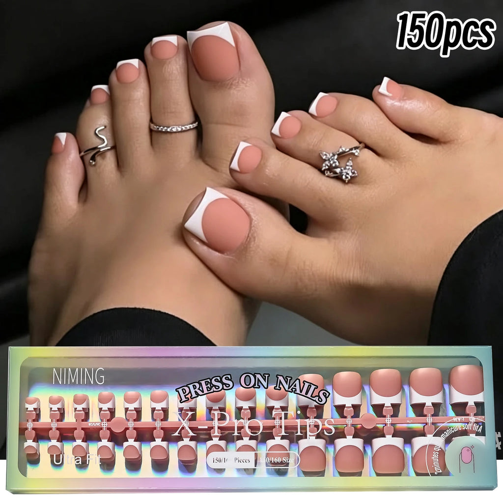 150Pcs Matte Press-On False Toenails – French Pink & White Tips Press-On Toenails PRIMED 150Pcs Short Square