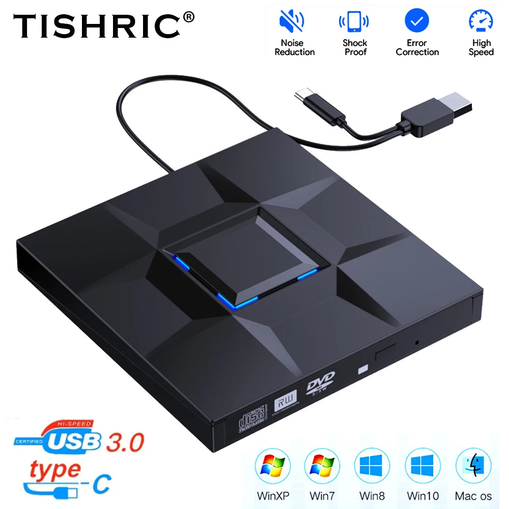 TISHRIC USB External DVD Drive CD Player USB 3.0 Type-C