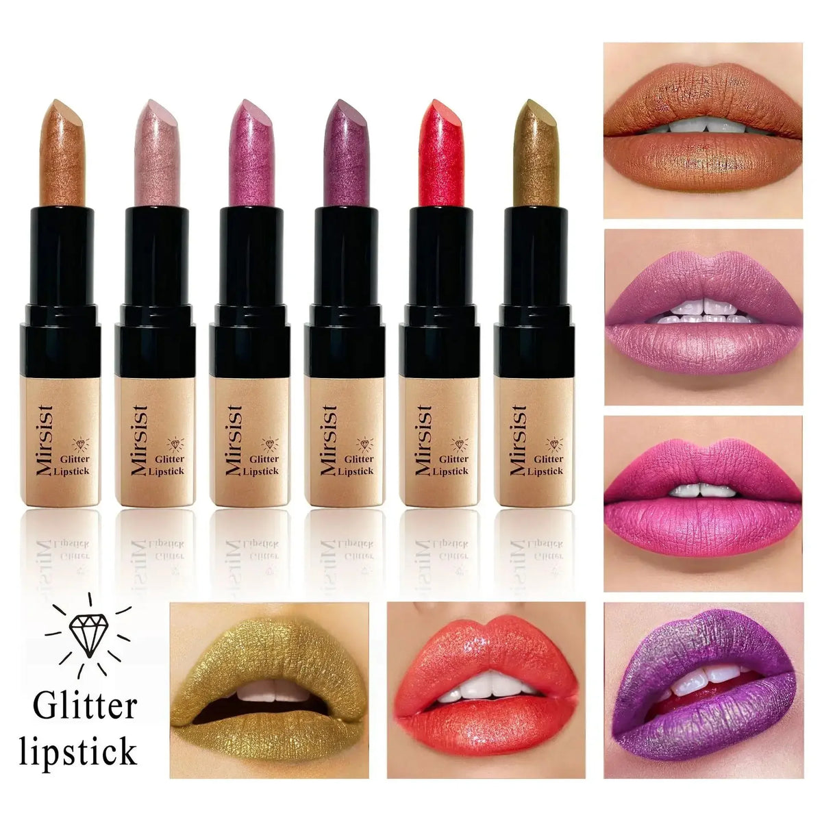 Mirsist Diamond Lip Gloss – 6-Shade Glitter Metallic Lipstick Glitter Lip Gloss PRIMED