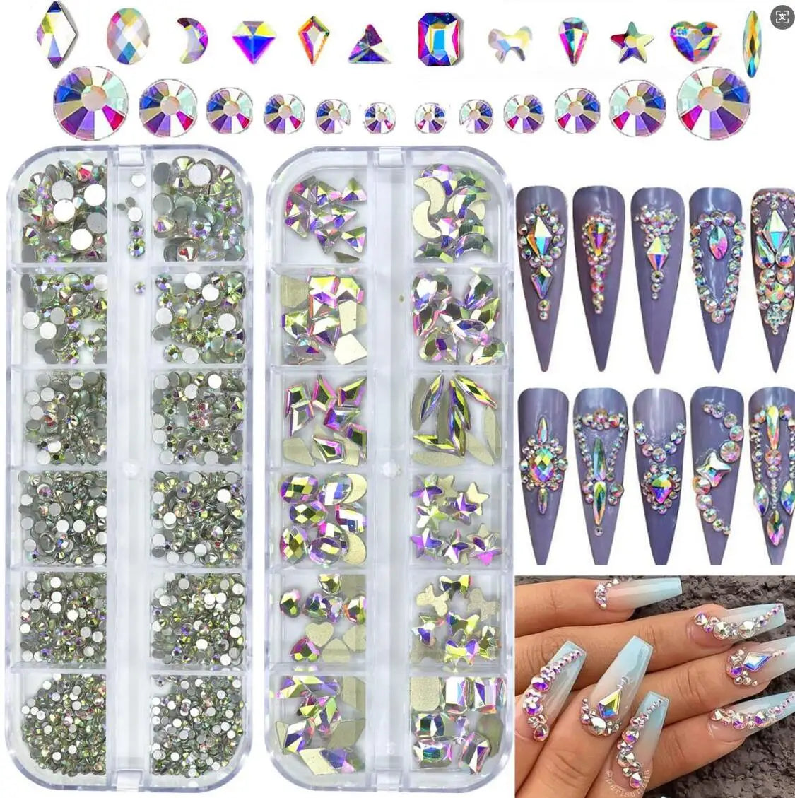 12-Grid 3D Black Nail Rhinestones – Mixed Crystal Shapes Set Nail Art Rhinestones PRIMED 02