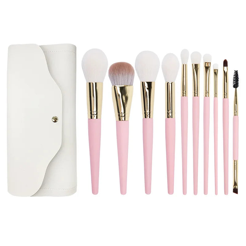 10-Piece Pink Goat Hair Makeup Brush Set with Cosmetic Bag