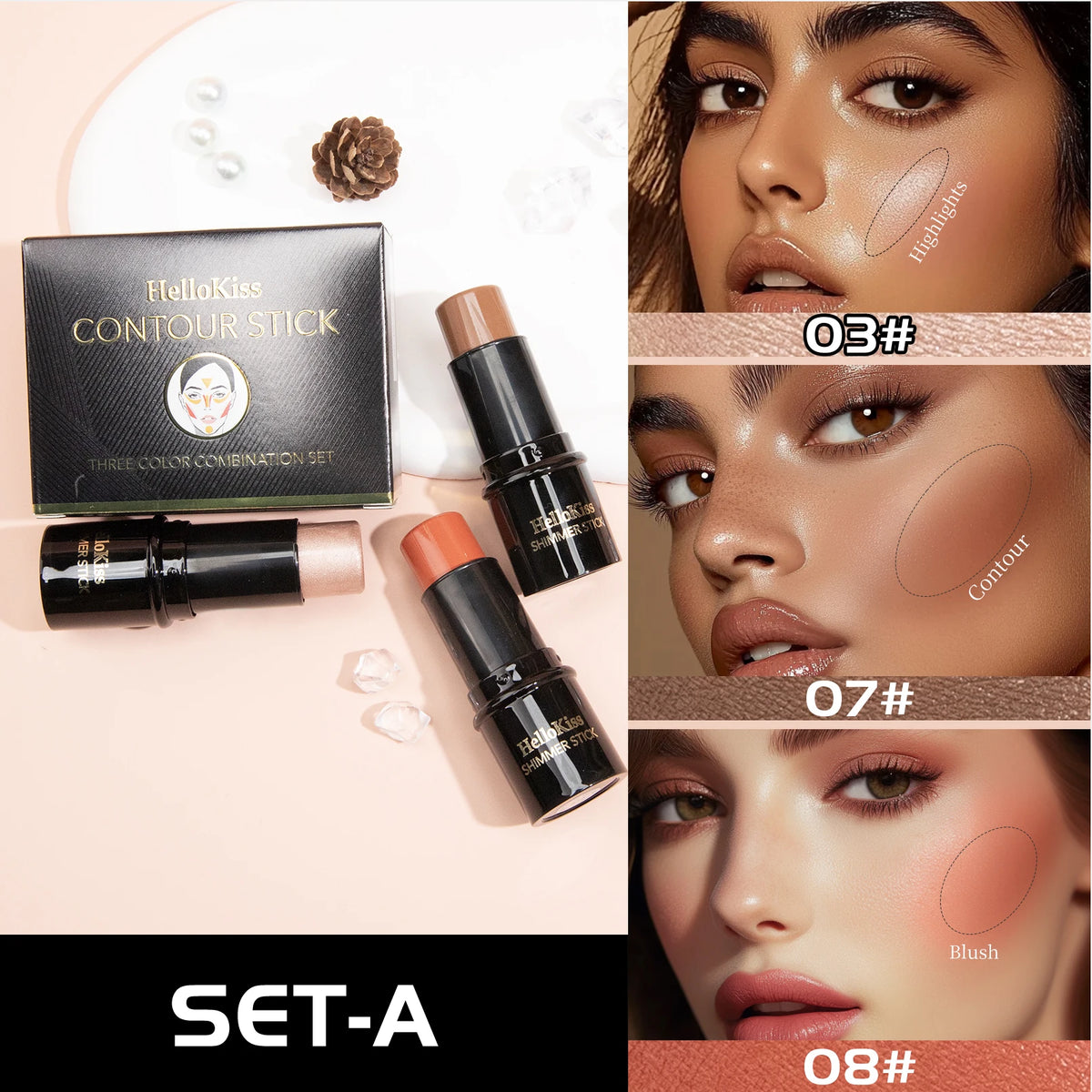 Hello Kiss 3-Piece Concealer Stick Set – Contour Highlight Blush