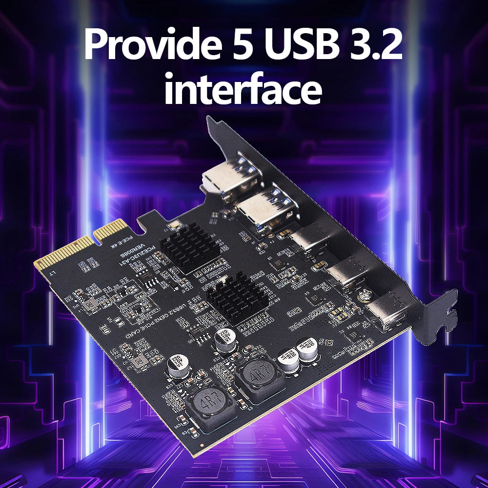TISHRIC 10Gbps PCIe USB 3.2 Type-C Expansion Card 1–5 Port PCIe USB Expansion Card PRIMED